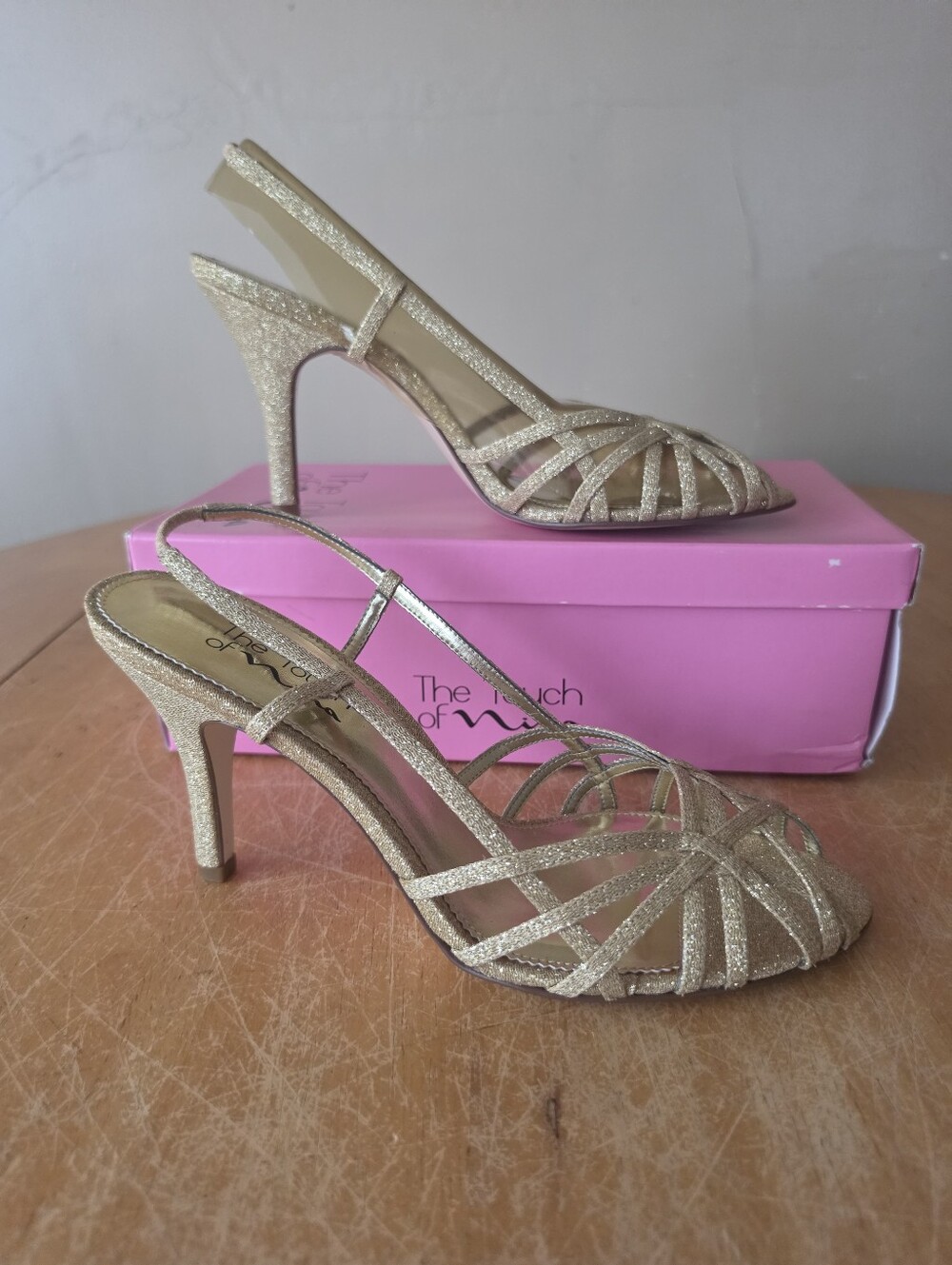 The Touch of Nina Gold Glitter Strappy Slingback Heels Sandals Prom Wedding 10